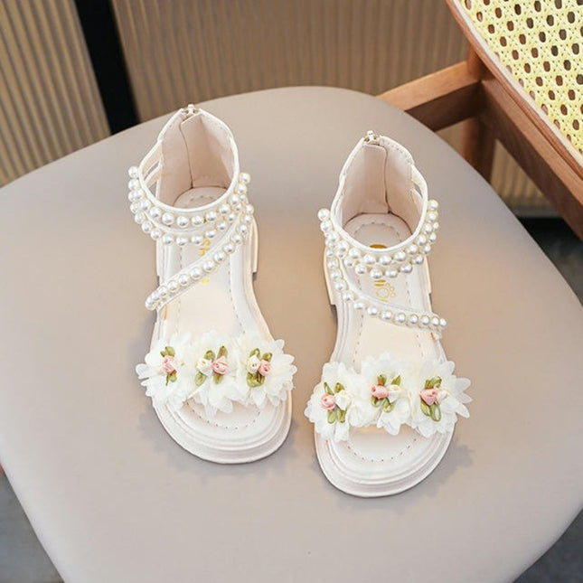 Little Girls Summer Flowers High Top Zipper Design Faux Leather Roman Sandals