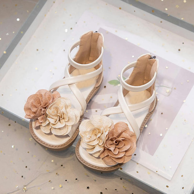 Girls Sandals Summer Flowers Zipper Design Roman Faux Leather Sandals