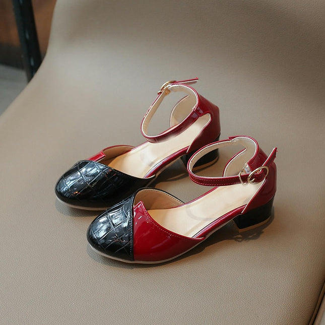 Girls Fashion Closed Toe Thick Heeled Faux Leather Princess Sandals