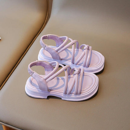 Girls Braided Flat Sandals With Elastic Band Roman Fashion Faux Leather Sandals