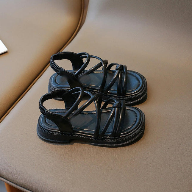 Girls Braided Flat Sandals With Elastic Band Roman Fashion Faux Leather Sandals