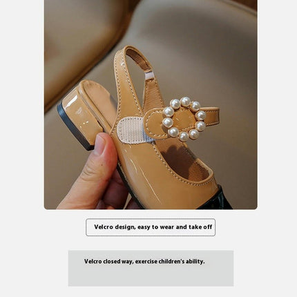 Girls Faux Leather Pearl Design Soft Round Design Toe Princess Sandals