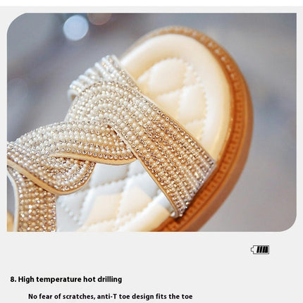 Girls Kids Open Toe Rhinestone Dress Sandal Low Heel Faux Leather Shoes