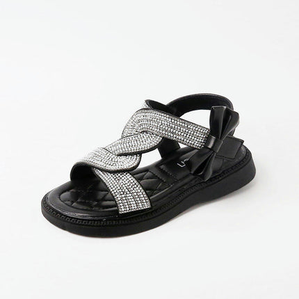 Girls Kids Open Toe Rhinestone Dress Sandal Low Heel Faux Leather Shoes