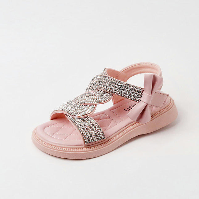 Girls Kids Open Toe Rhinestone Dress Sandal Low Heel Faux Leather Shoes