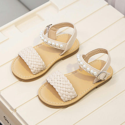 Girls Round Open Toe Sandals Braided Upper Flat Faux Leather Sandals