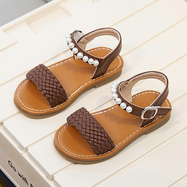 Girls Round Open Toe Sandals Braided Upper Flat Faux Leather Sandals