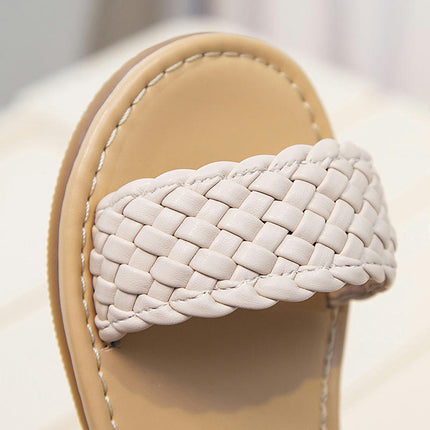 Girls Round Open Toe Sandals Braided Upper Flat Faux Leather Sandals