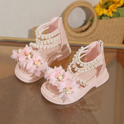 Girls Sandals Summer Open Toe Soft Sole Pearl Flower Falts Faux Leather Shoes