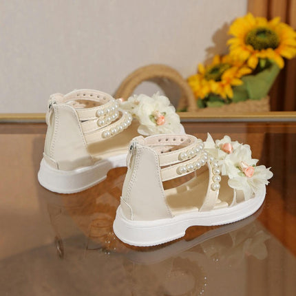 Girls Sandals Summer Open Toe Soft Sole Pearl Flower Falts Faux Leather Shoes