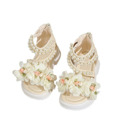 Girls Sandals Summer Open Toe Soft Sole Pearl Flower Falts Faux Leather Shoes