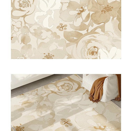 Cream Flowers Area Rug for Living Room,Non-Slip Floor Decor Carpet