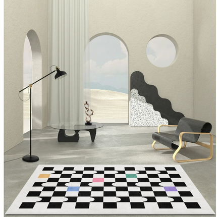 Decor Rug for Living Room Geometric Checkered Pattern Indoor Soft Carpet