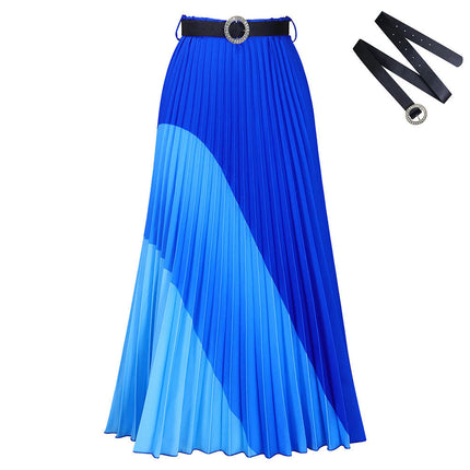 Long Pleated Skirt for Women Elastic High Waist with Belt Swing A-line Maxi Skirt
