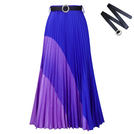 Long Pleated Skirt for Women Elastic High Waist with Belt Swing A-line Maxi Skirt