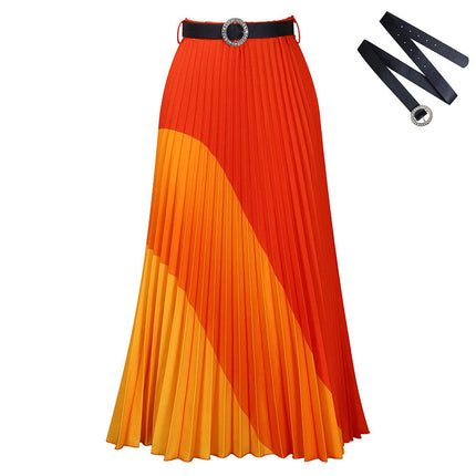 Long Pleated Skirt for Women Elastic High Waist with Belt Swing A-line Maxi Skirt