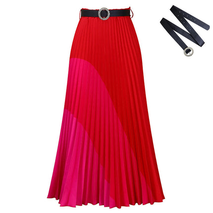 Long Pleated Skirt for Women Elastic High Waist with Belt Swing A-line Maxi Skirt