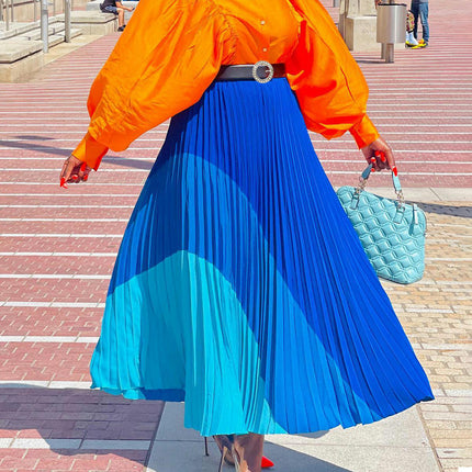 Long Pleated Skirt for Women Elastic High Waist with Belt Swing A-line Maxi Skirt
