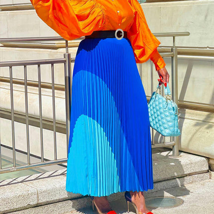 Long Pleated Skirt for Women Elastic High Waist with Belt Swing A-line Maxi Skirt