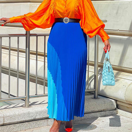 Long Pleated Skirt for Women Elastic High Waist with Belt Swing A-line Maxi Skirt