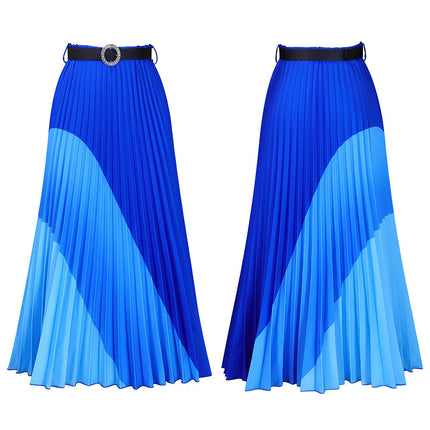 Long Pleated Skirt for Women Elastic High Waist with Belt Swing A-line Maxi Skirt