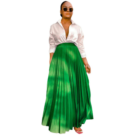 Womens Elastic High Waist Flowy Pleated Skirt Swing A-line Beach Maxi Skirt