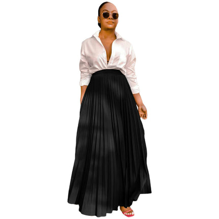 Womens Elastic High Waist Flowy Pleated Skirt Swing A-line Beach Maxi Skirt