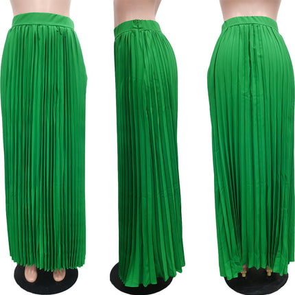 Womens Elastic High Waist Flowy Pleated Skirt Swing A-line Beach Maxi Skirt