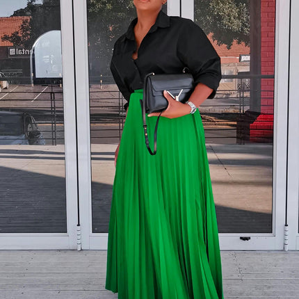 Womens Elastic High Waist Flowy Pleated Skirt Swing A-line Beach Maxi Skirt