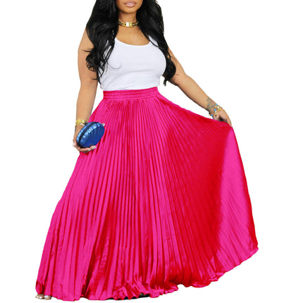 Womens Pleated Maxi Skirt Elastic High Waist Swing Boho Casual A-line Long Skirts