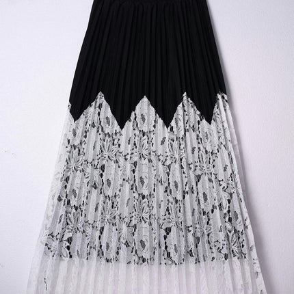 Womens Pleated Midi Skirt Elastic High Waist Swing Lace Casual A-line Long Skirts