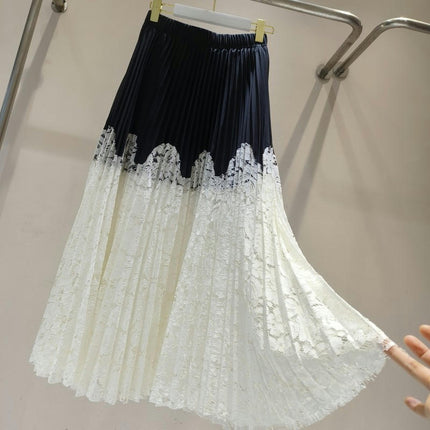 Womens Pleated Midi Skirt Elastic High Waist Swing Lace Casual A-line Long Skirts