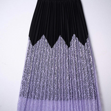 Womens Pleated Midi Skirt Elastic High Waist Swing Lace Casual A-line Long Skirts
