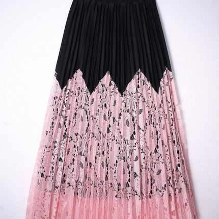 Womens Pleated Midi Skirt Elastic High Waist Swing Lace Casual A-line Long Skirts