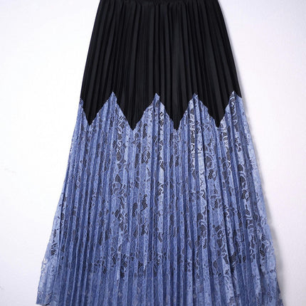 Womens Pleated Midi Skirt Elastic High Waist Swing Lace Casual A-line Long Skirts