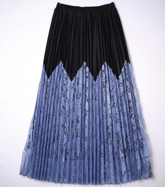 Womens Pleated Midi Skirt Elastic High Waist Swing Lace Casual A-line Long Skirts
