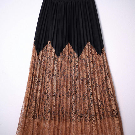 Womens Pleated Midi Skirt Elastic High Waist Swing Lace Casual A-line Long Skirts