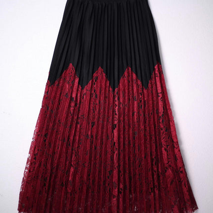 Womens Pleated Midi Skirt Elastic High Waist Swing Lace Casual A-line Long Skirts