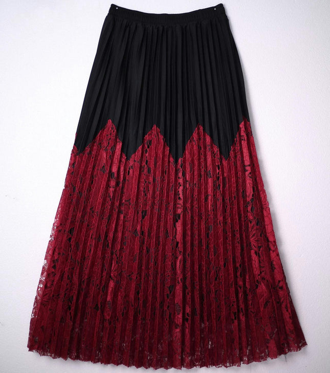 Womens Pleated Midi Skirt Elastic High Waist Swing Lace Casual A-line Long Skirts