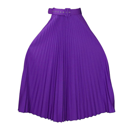 Women's High Waist Pleated Skirt A line Swing Maxi Skirt with Belt