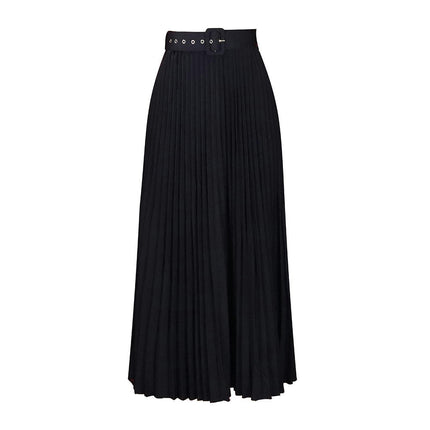Women's High Waist Pleated Skirt A line Swing Maxi Skirt with Belt