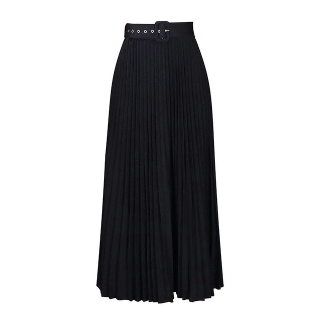 Women's High Waist Pleated Skirt A line Swing Maxi Skirt with Belt
