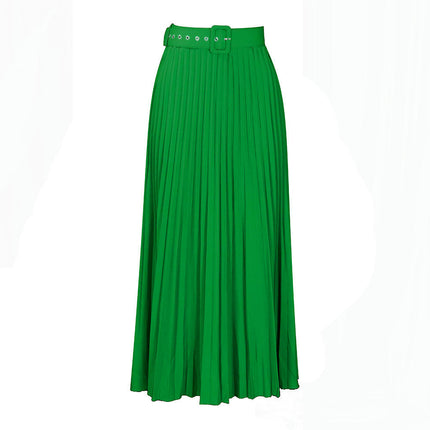 Women's High Waist Pleated Skirt A line Swing Maxi Skirt with Belt