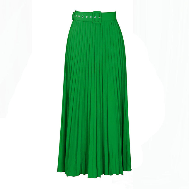 Women's High Waist Pleated Skirt A line Swing Maxi Skirt with Belt
