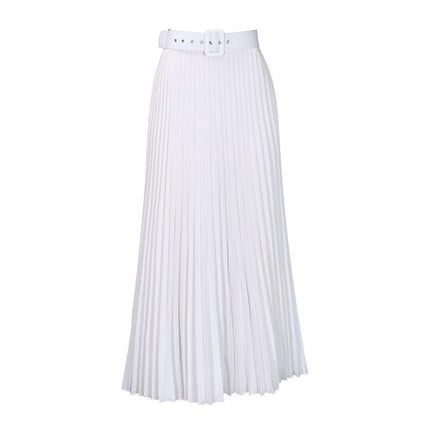 Women's High Waist Pleated Skirt A line Swing Maxi Skirt with Belt