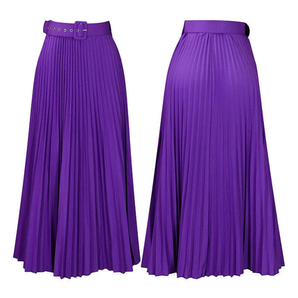 Women's High Waist Pleated Skirt A line Swing Maxi Skirt with Belt