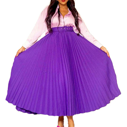 Women's High Waist Pleated Skirt A line Swing Maxi Skirt with Belt