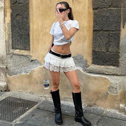 Ladies Fashion Casual Lace Skirt Solid Color Low Waist Mini Skirt
