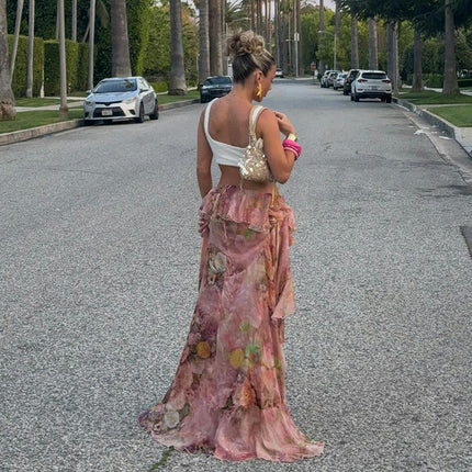Women's High Waist Asymmetrical High Low Tiered Ruffle Maxi Skirt