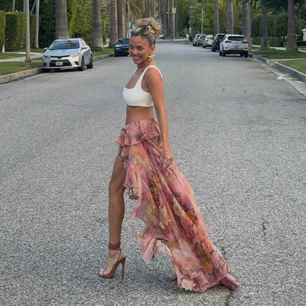 Women's High Waist Asymmetrical High Low Tiered Ruffle Maxi Skirt